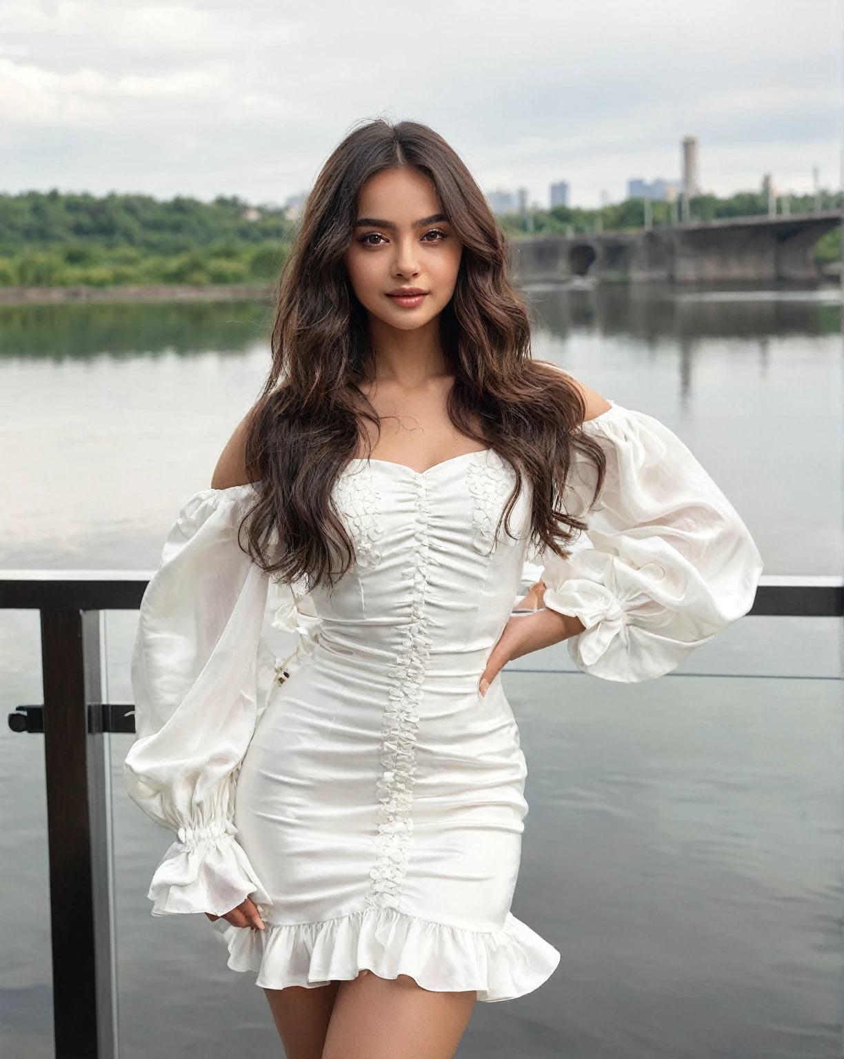 Araffe woman in a white dress posing for a photo., Style of Julia Razumova, isabela moner, wearing a flowy white dress, a beautiful woman dressed in white, inspired by Nina Petrovna Valetova, with a long white dress, Alina Ivánchenko, wearing a stunning ivory dress, olivia blame, silky white suit