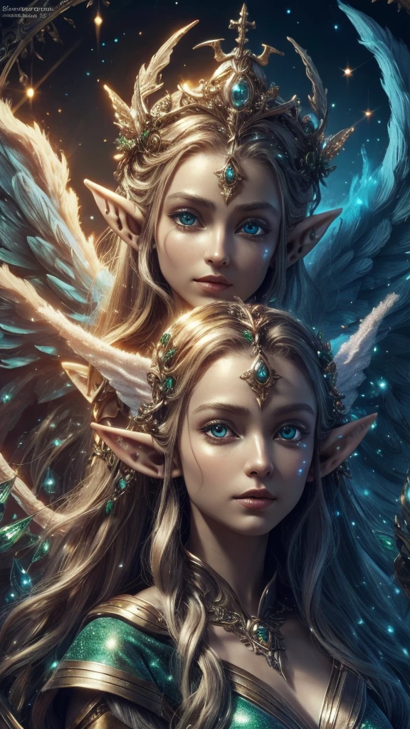 (Best quality, 4k, High-resolution, Masterpiece:1.2), Ultra-detailed, Realistic, Radiant lighting, (An Epoch Elves, angel:1.5), Portraits, Fantastical colors, Fine art, Ethereal beings, Dreamlike, Whimsical creatures, Detailed facial features, Glowing eyes, Elven beauties, Ethereal glow, Mythical creatures, Harmonious composition, Dazzling colors, Stunning visual effects, Otherworldly appearance, Mesmerizing artistry, 