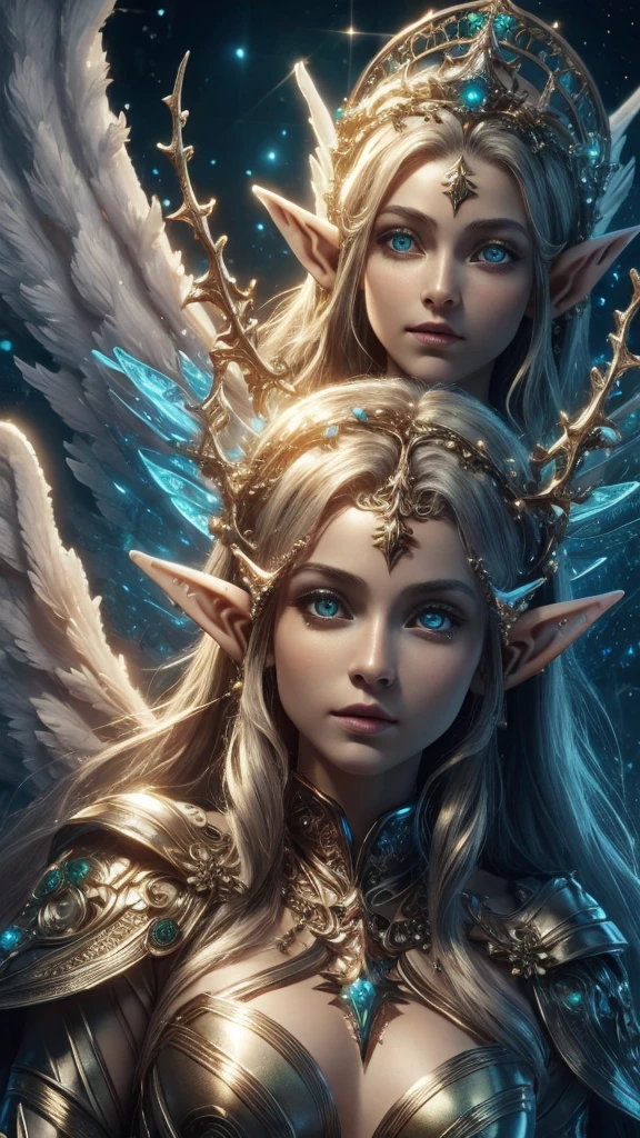 (Best quality, 4k, High-resolution, Masterpiece:1.2), Ultra-detailed, Realistic, Radiant lighting, (An Epoch Elves, angel:1.5), Portraits, Fantastical colors, Fine art, Ethereal beings, Dreamlike, Whimsical creatures, Detailed facial features, Glowing eyes, Elven beauties, Ethereal glow, Mythical creatures, Harmonious composition, Dazzling colors, Stunning visual effects, Otherworldly appearance, Mesmerizing artistry, 