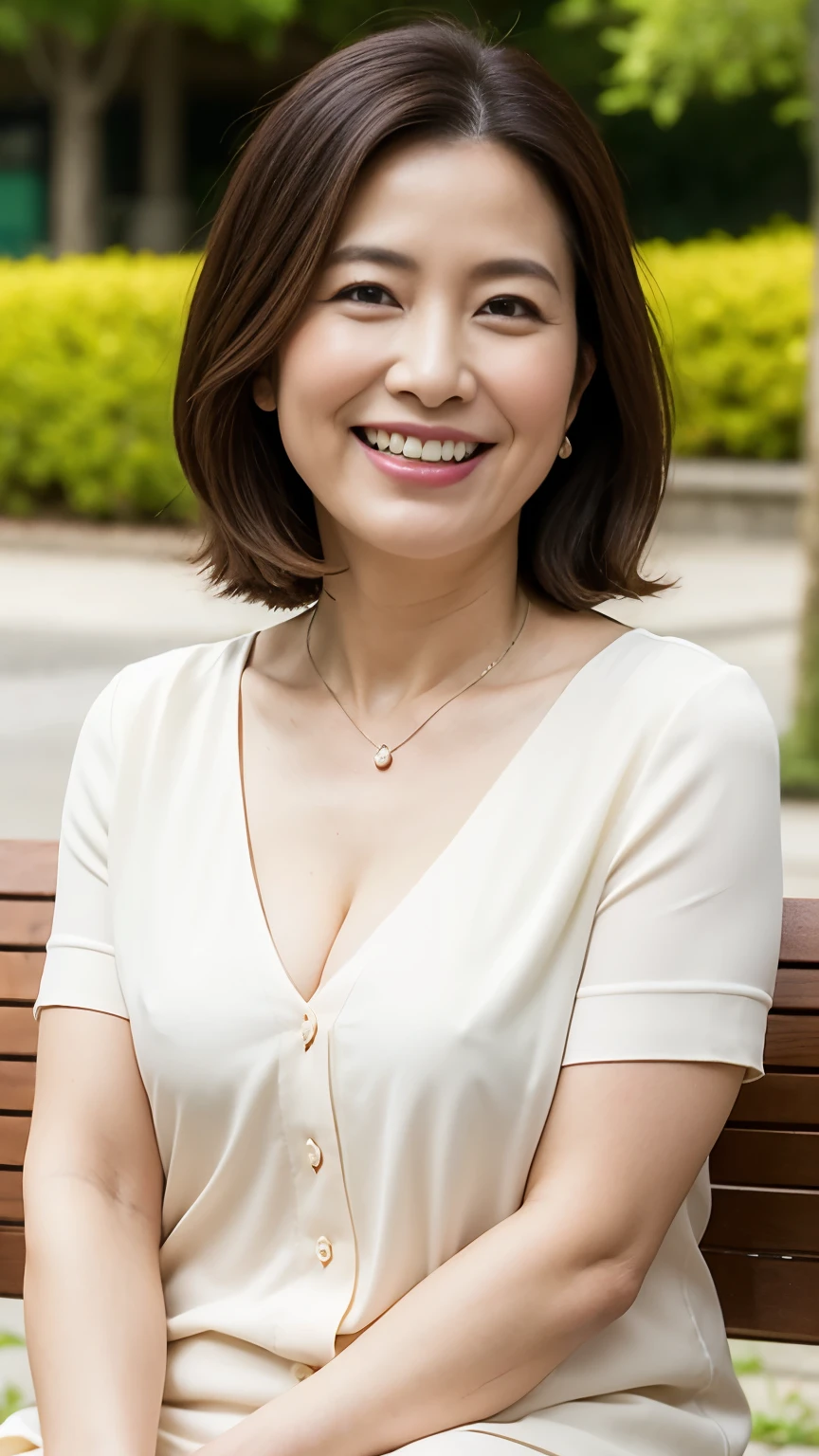 8k wallpaper, masterpiece, Highest quality, Super detailed, One Mature Woman, 50 years old, Become very clear, Wearing a short-sleeved blouse, Skin dents, Captivating smile, Looking at the audience, Cleavage, plump, Curvaceous, Fascinating face, Smiling with teeth showing, Wrinkles around the eyes, Sitting on a park bench, Background Blur