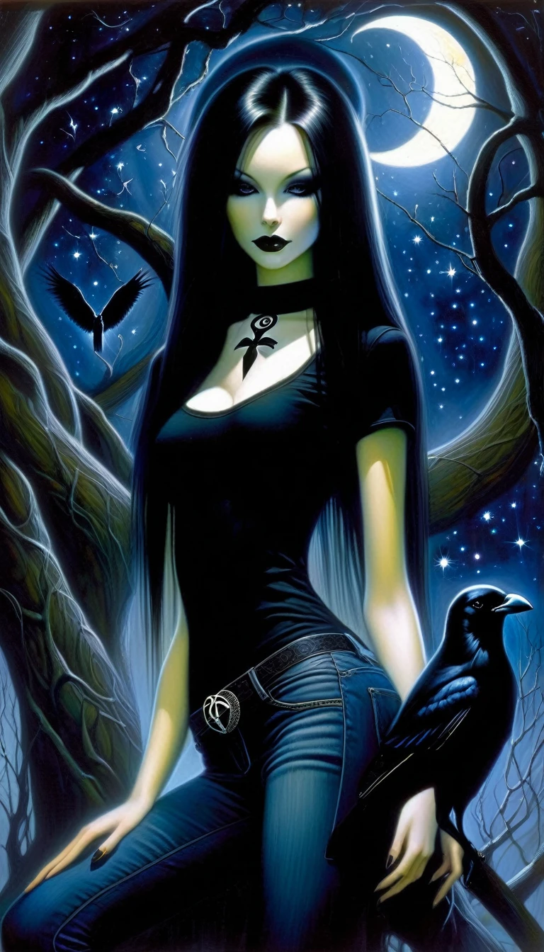 Sexy gothic girl, long black and straight hair, tight black t-shirt and jeans, small breasts, pale white skin tone, ankh symbol, a dark crow accompanies her, sitting under a tree with convoluted branches, magic, fantastic, night sky, moon , stars, background (simple oil painting in a Dave mcKean style)