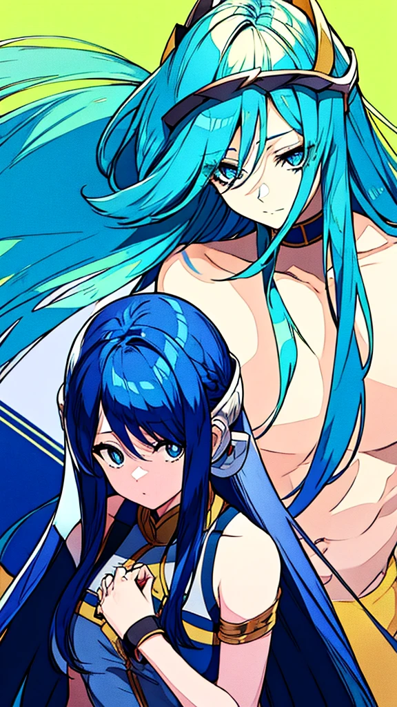 A Anime Girl Blue Hair Long Blue Eyes White Skin She Hold Hand with A Anime Boy Yellow Hair Black Skin Very Muscular Body Background Rooftop