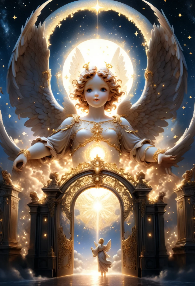 (close up of angel), The huge Pearl Gate slowly opens in the quiet night, with angels surrounding the radiant Gate of Heaven. The background is the Gate of Heaven in the radiance and the mysterious starry sky, wings, full body, (Photography), panoramic view, award-winning, cinematic still, emotional, vignette, dynamic, vivid, (masterpiece, best quality, Professional, perfect composition, very aesthetic, absurdres, ultra-detailed, intricate details:1.3)