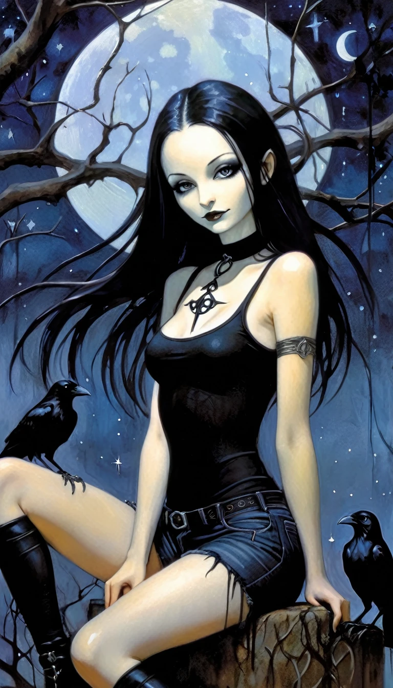 Sexy gothic girl, long black and straight hair, tight black t-shirt and jeans, small breasts, pale white skin tone, ankh symbol, a dark crow accompanies her, sitting under a tree with convoluted branches, magic, fantastic, night sky, moon , stars, background (simple oil painting in a Dave mcKean style)