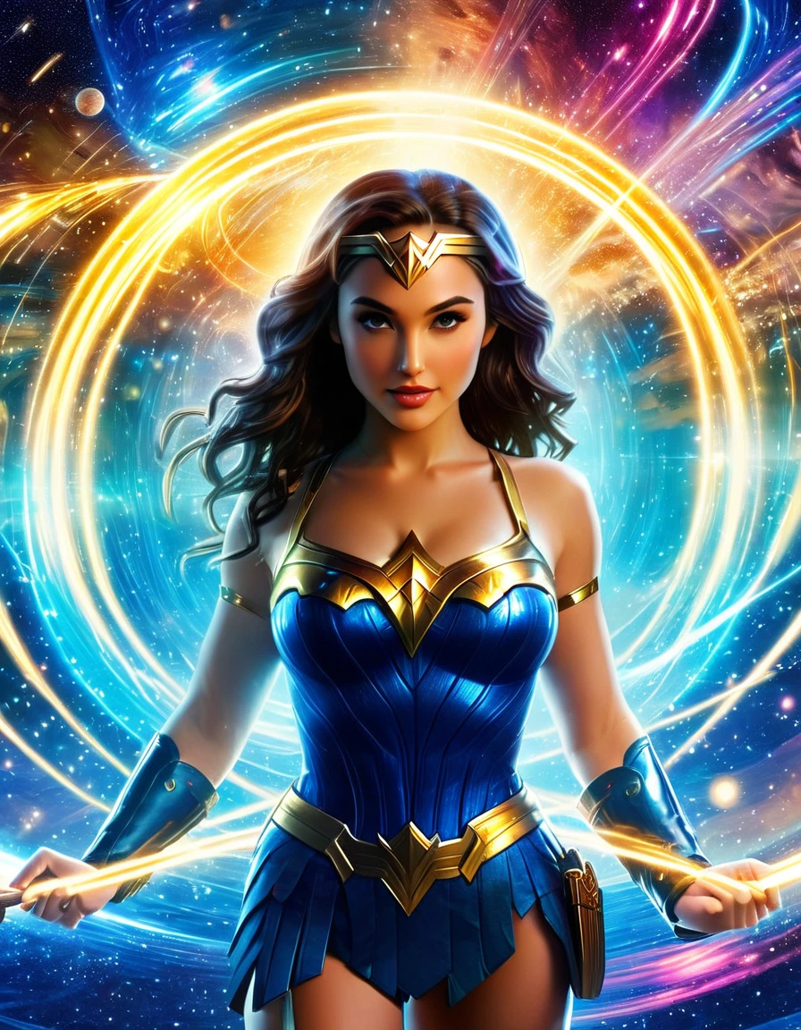 Visualize Wonder Woman from various universes converging in a mesmerizing nexus, symbolizing the interconnectedness of parallel worlds. Hyper realistic photo, 16k, vibrant colors