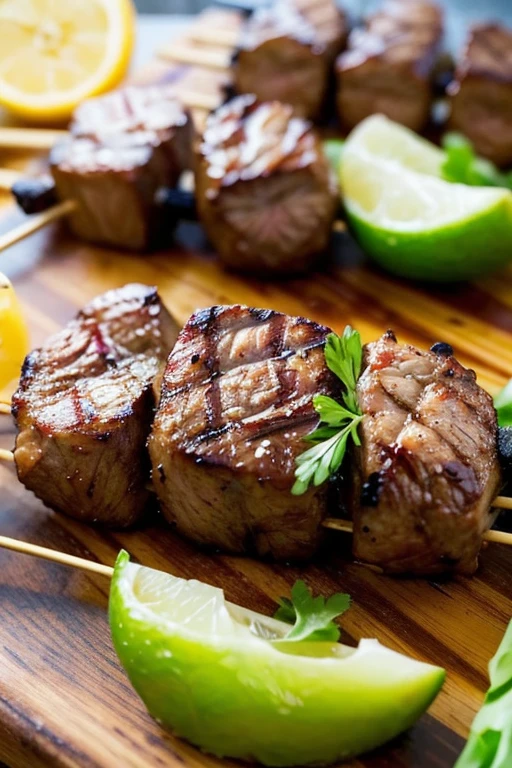 "Create an image of several juicy and tender filet mignon skewers. The skewers should be beautifully grilled with a slight char and glistening with moisture. Arrange them on a rustic wooden board with fresh herbs and vibrant vegetables as garnish. Make the background slightly blurred to focus on the skewers, creating a mouth-watering and appetizing visual perfect for social media."