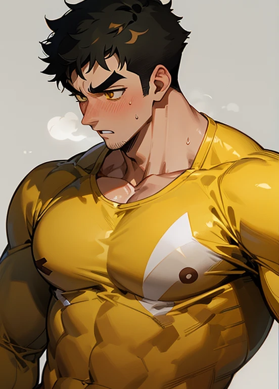 anime characters:Gyee, Priapuuscle Sports Student, 1 muscular tough guy, Manliness, male focus, Light yellow high collar long sleeve tight T-shirt, Very tight, The clothes were soaked with sweat, The pectoral muscles are oversized, his pecs are getting groped, Slightly transparent, muscular male, muscular, only, Upper body, alone, Black short hair, Thick eyebrows, stubble, Yellow eyes, Grey background, simple background, amazing quality, best aesthetics, Ridiculous, bright pupils, crew cut, parted lips, shy, blush, moaning, saliva trail, drop shadow, best quality