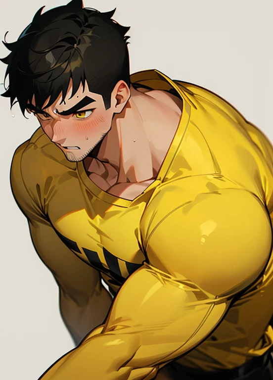 anime characters:Gyee, Priapuuscle Sports Student, 1 muscular tough guy, Manliness, male focus, Light yellow high collar long sleeve tight T-shirt, Very tight, The clothes were soaked with sweat, The pectoral muscles are oversized, Slightly transparent, muscular male, muscular, only, Upper body, alone, Black short hair, Thick eyebrows, stubble, Yellow eyes, Grey background, simple background, amazing quality, best aesthetics, Ridiculous, bright pupils, crew cut, parted lips, shy, blush, moaning, saliva trail, drop shadow, best quality