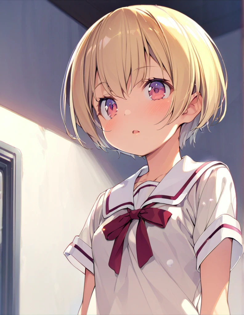 Hmph ,Anatomically correct,4K,highest quality, Highest Resolution, ((((Small body)))),(child),(School uniform), On all fours、Young、young!!、one person!!、4Year old girl、short hair、Blonde、With bangs、small、Laughter、Big eyes、barefoot、Short sleeve、black eye、cute、Spread your legs、With ribbon、skirt、small胸、身長のsmall、体のsmall、Short legs、charm、