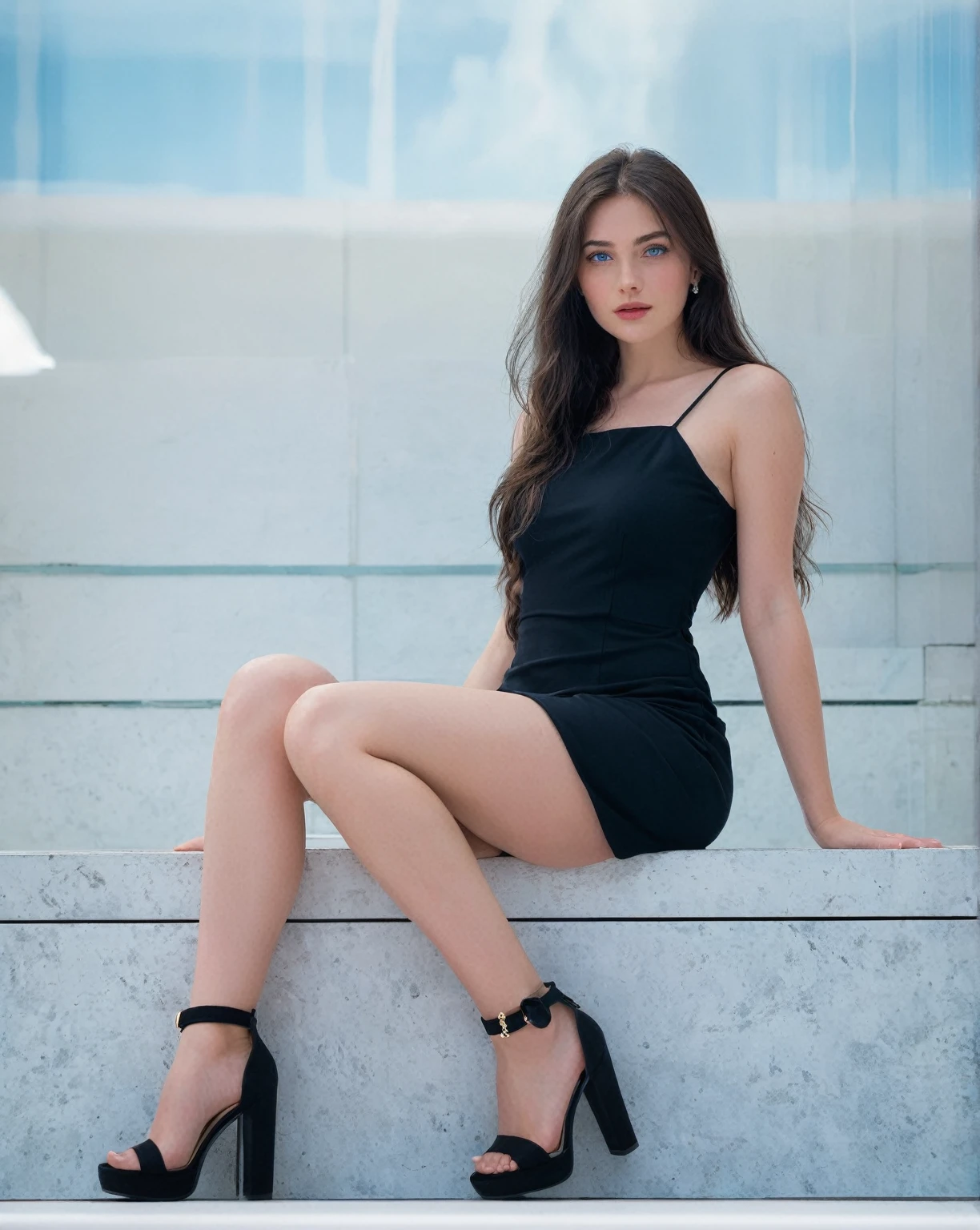 sabrinacarpintero,Realistic photo of a beautiful woman, 1 girl, Alone, wide, old, Blue eyes, by rubio, dress, jewelry, Upper part of the body, inside, bracelet, lips, looking to the side, window, blue dress, realist, soft lighting, professional photography, Photorealist, detailed, RAW, analogous thing, sharp focus, 8k, High Definition, DSLR, high quality, Fujifilm XT3, film grain, awarded