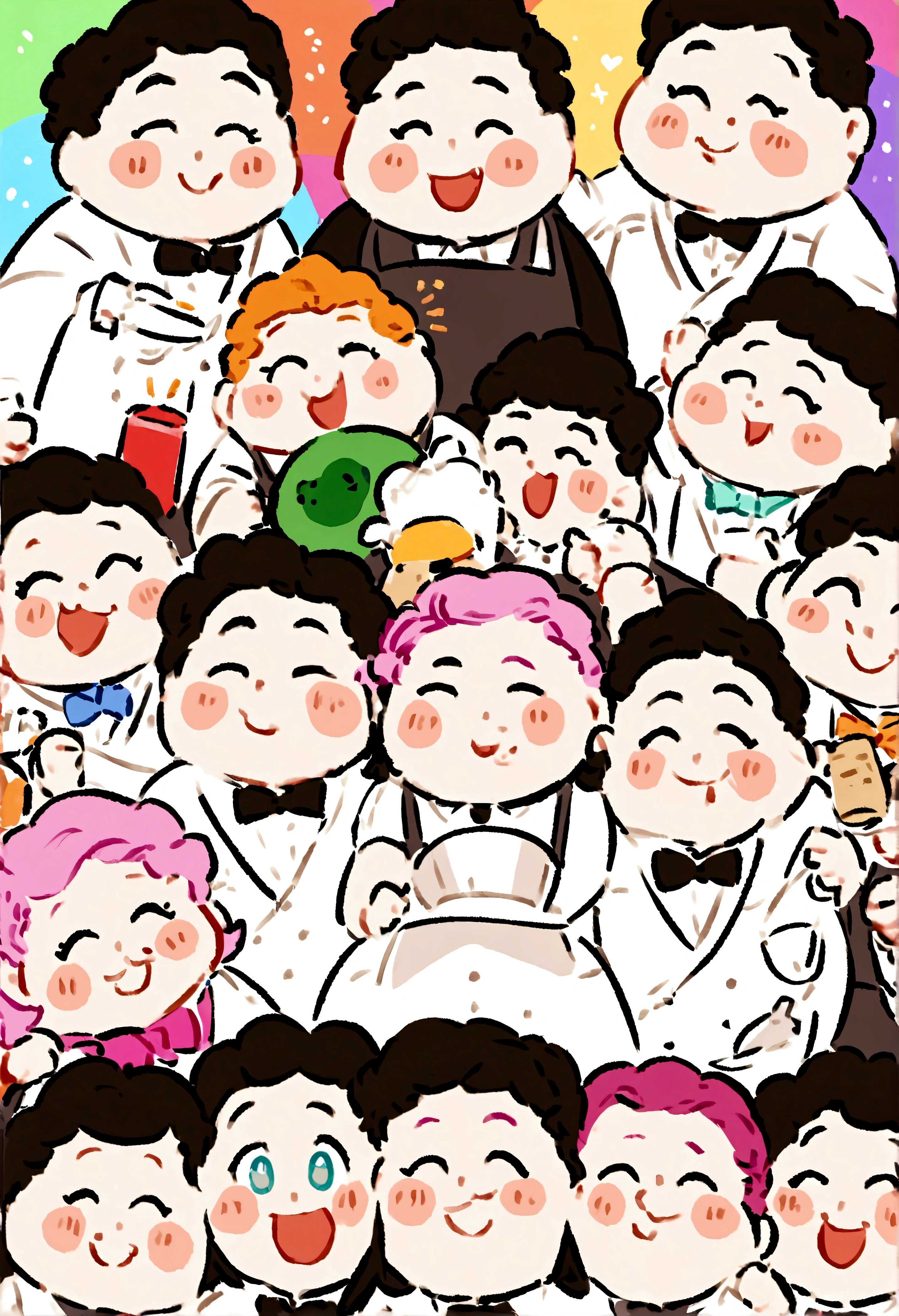 Create art in a single image containing a happy waiter in animation form, a happy black cook, a happy LGBT barista, a happy chubby financial manager, a happy trans HR professional and a T professional.I happy