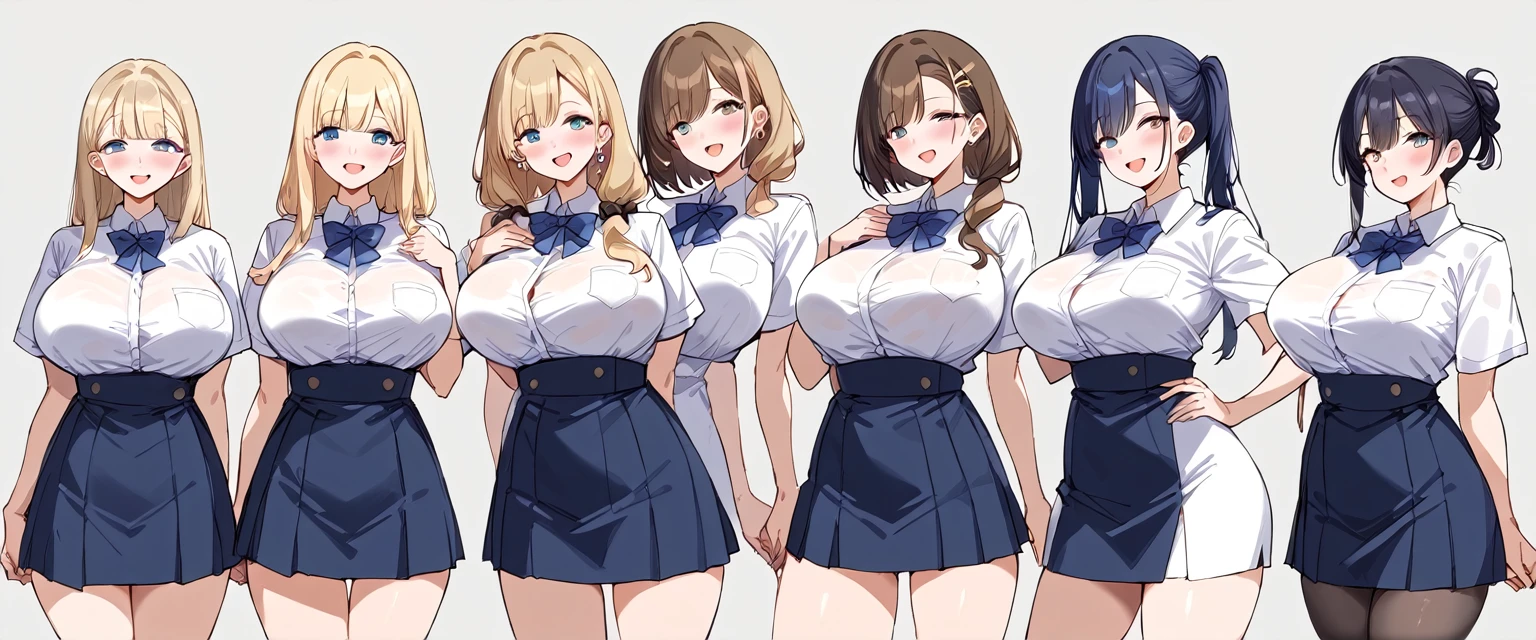 masterpiece, best quality, simple background, random hairstyle, large breasts,  6 girls, 