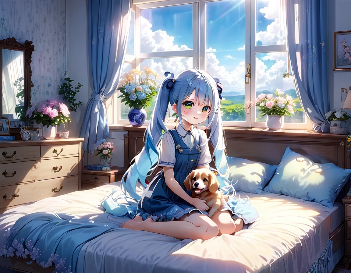 The room is decorated with many margaret flowers...、Margaret flowers on the windowsill、The morning sun is shining、Long light blue hair、beautiful girl with twin tails、Bright smile、Sitting on the bed hugging a big body pillow、My dog is watching over me beside my bed