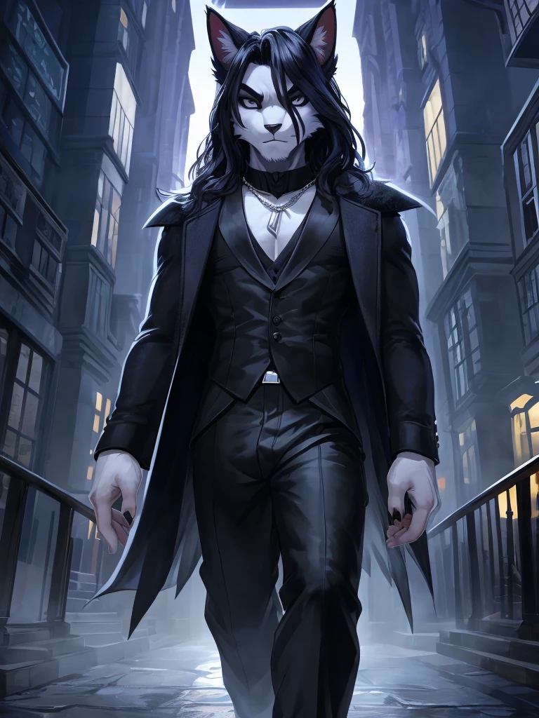 Ross Tran, ruan jia, trending on artstation, Male, (Male anthro cat:1.3), (Black fur with white fur patterns:1.1), (walking towards viewer:1.3), (Foggy night city:1.23), (Blank expression:1.3), detailed eyes, black nose, (detailed eyes), (sharp white eyes), detailed background, 8k hd, (dark shadows, wide dynamic range, hdr, low light:1.2), (Skinny physique), black eyeshadow, (Long wavy black hair), (black long coat, black turtleneck, silver necklace, black dress pants), ((Gothic)),
