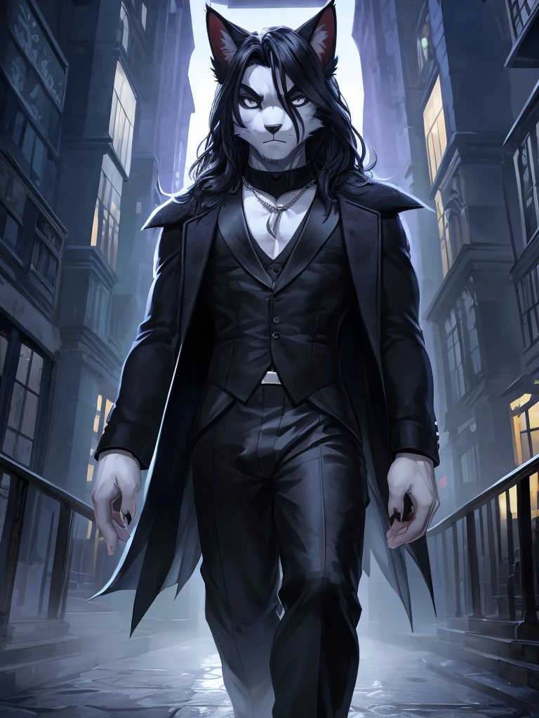 Ross Tran, ruan jia, trending on artstation, Male, (Male anthro cat:1.3), (Black fur with white fur patterns:1.1), (walking towards viewer:1.3), (Foggy night city:1.23), (Blank expression:1.3), detailed eyes, black nose, (detailed eyes), (sharp white eyes), detailed background, 8k hd, (dark shadows, wide dynamic range, hdr, low light:1.2), (Skinny physique), black eyeshadow, (Long wavy black hair), (black long coat, black turtleneck, silver necklace, black dress pants), ((Gothic)),