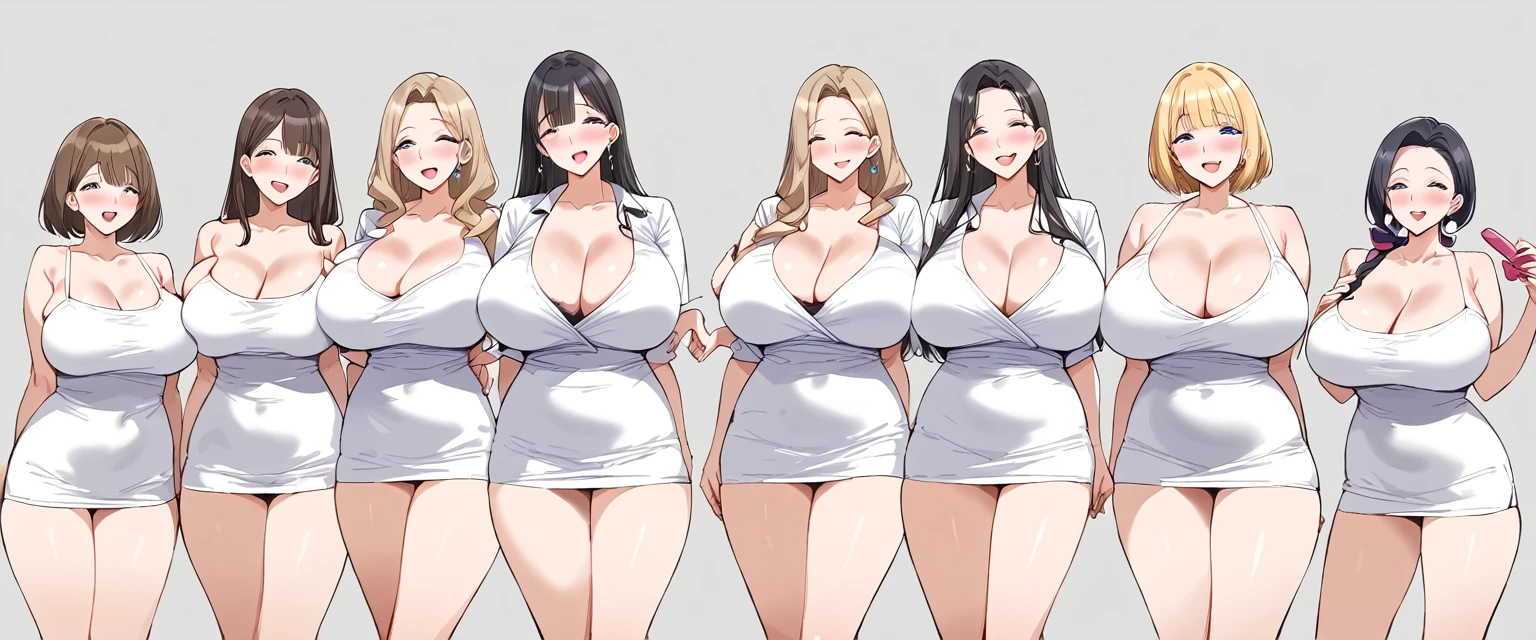 masterpiece, best quality, simple background, random hairstyle, large breasts,  6 girls, milf,
