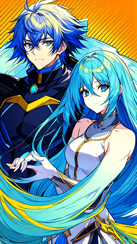 A Anime Girl Blue Hair Long Blue Eyes White Skin She Hold Hand with A Anime Boy Yellow Hair Black Skin Very Muscular Body Background Rooftop