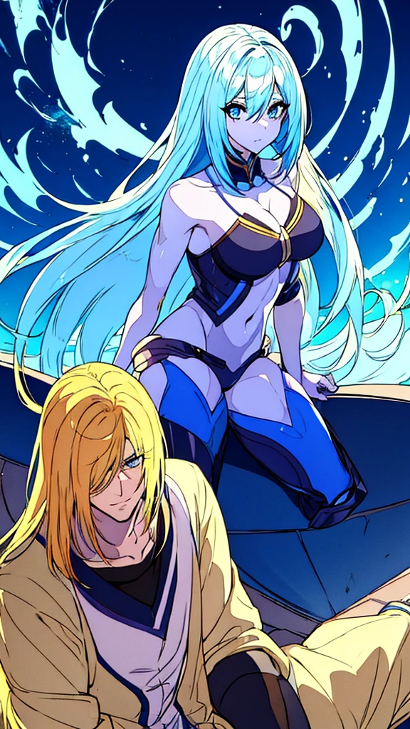 A Anime Girl Blue Hair Long Blue Eyes White Skin She Hold Hand with A Anime Boy Yellow Hair Black Skin Very Muscular Body Background Rooftop