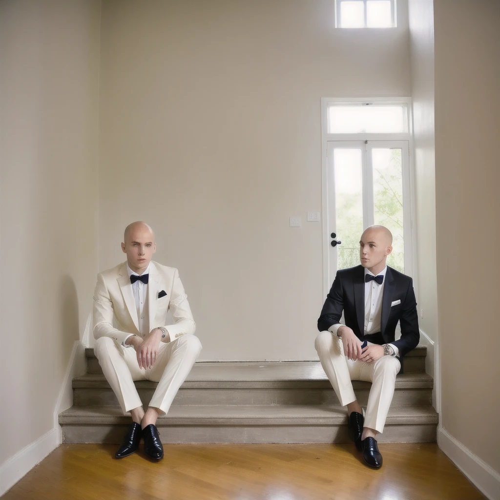 naughty man, age 25, Scrawny, offwhite, baldie, without hair, chic, suit, social shoe, sitting on the stairs, casa chic, millionaire, swimpool, plants 