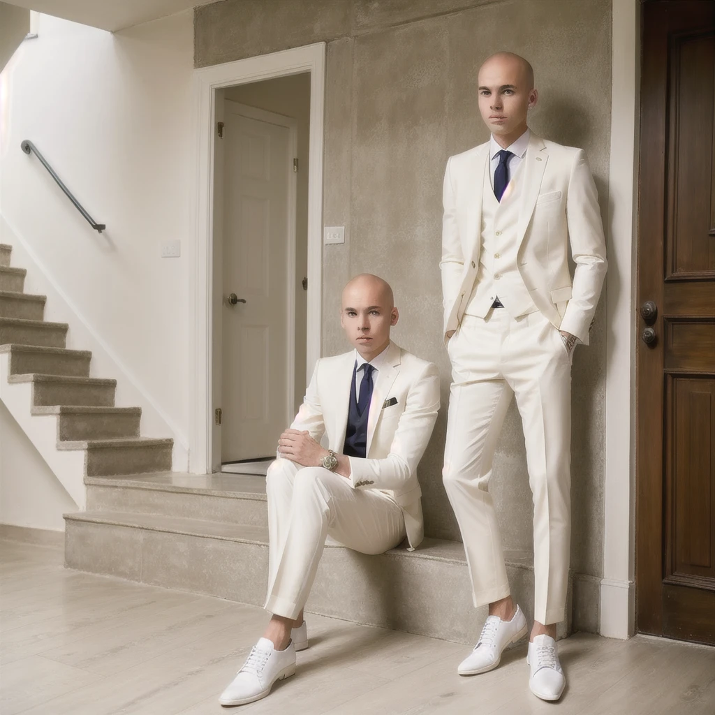 1 men, age 25, Scrawny, offwhite, baldie, formal outfit, chic, suit, social shoe, sitting on the stairs, casa chic, millionaire, luxury house 