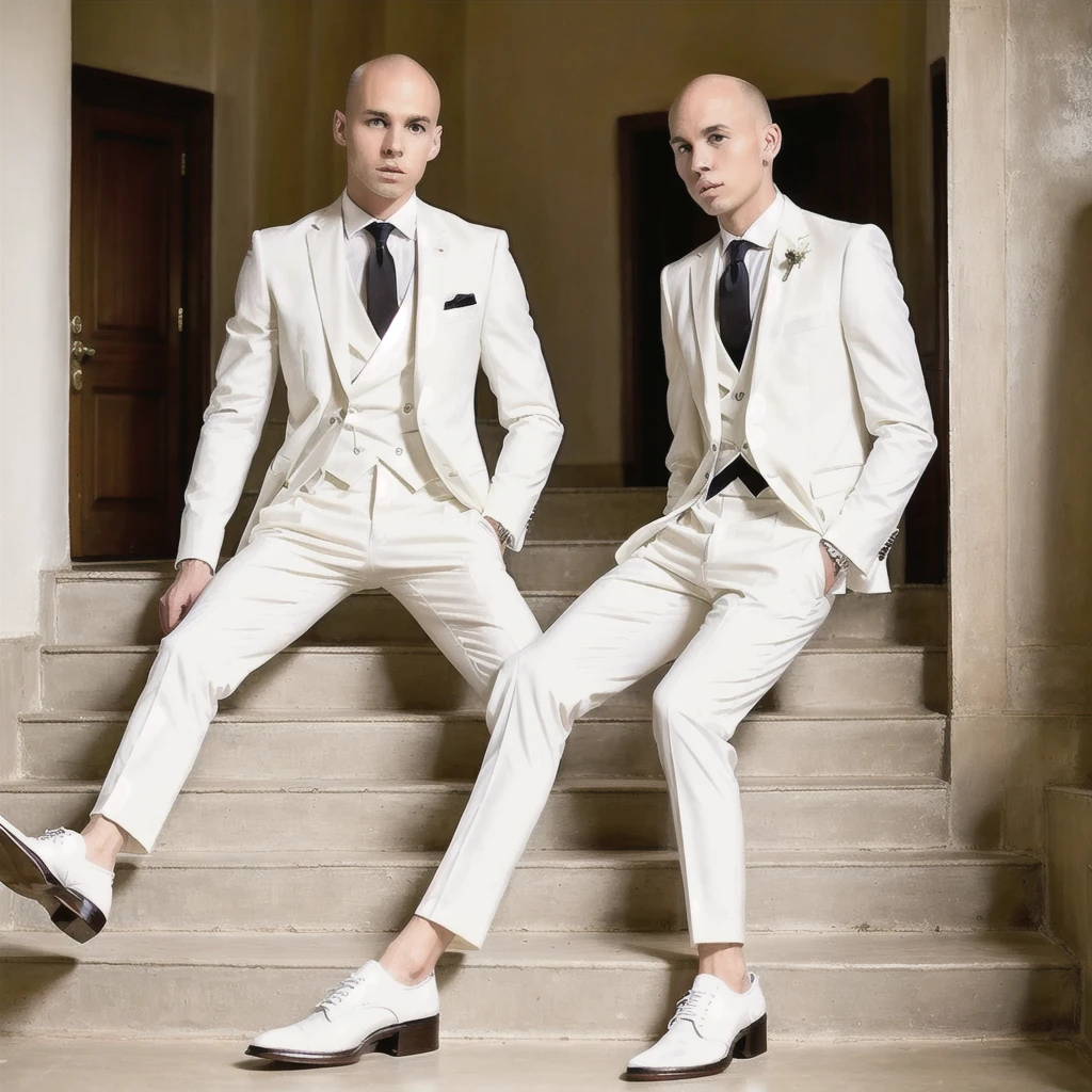 1 men, age 25, Scrawny, offwhite, baldie, formal outfit, chic, suit, social shoe, sitting on the stairs, casa chic, millionaire, luxury house