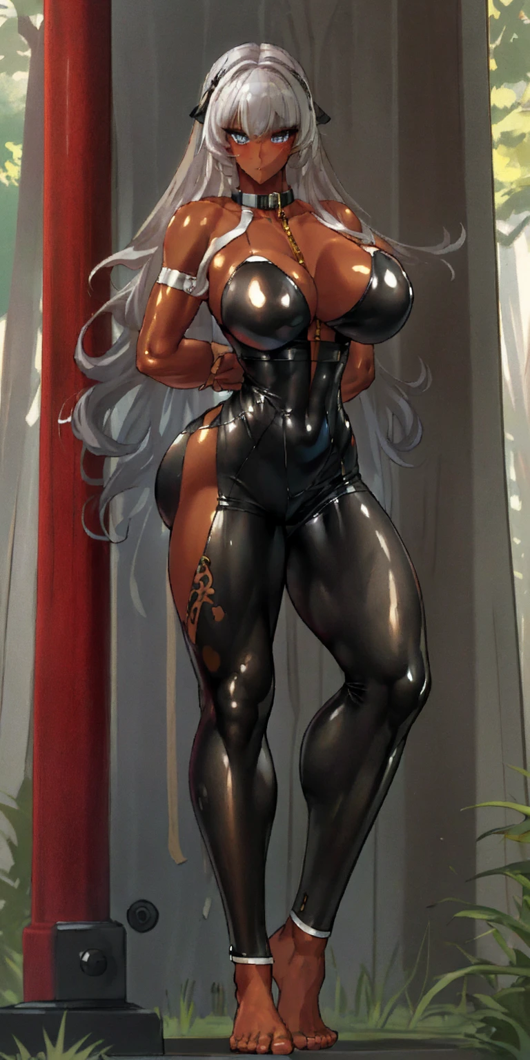 (Masterpiece, best quality, intricate details, 1sologirl) iron collar, arms behind back, iron cuffs, shackles, leather collar choker neck bell, bound ((standing by wooden pole:1.2)) ((female Black Dark skin Gyaru)) show entire body frontal position, feet in view, realistic, gorgeous 16y.o. darkest skinned mixed race female, black African, transparent black pantyhose, legs open, museum,barefoot no shoes, looking to viewer straight symmetrical, white silver long hair