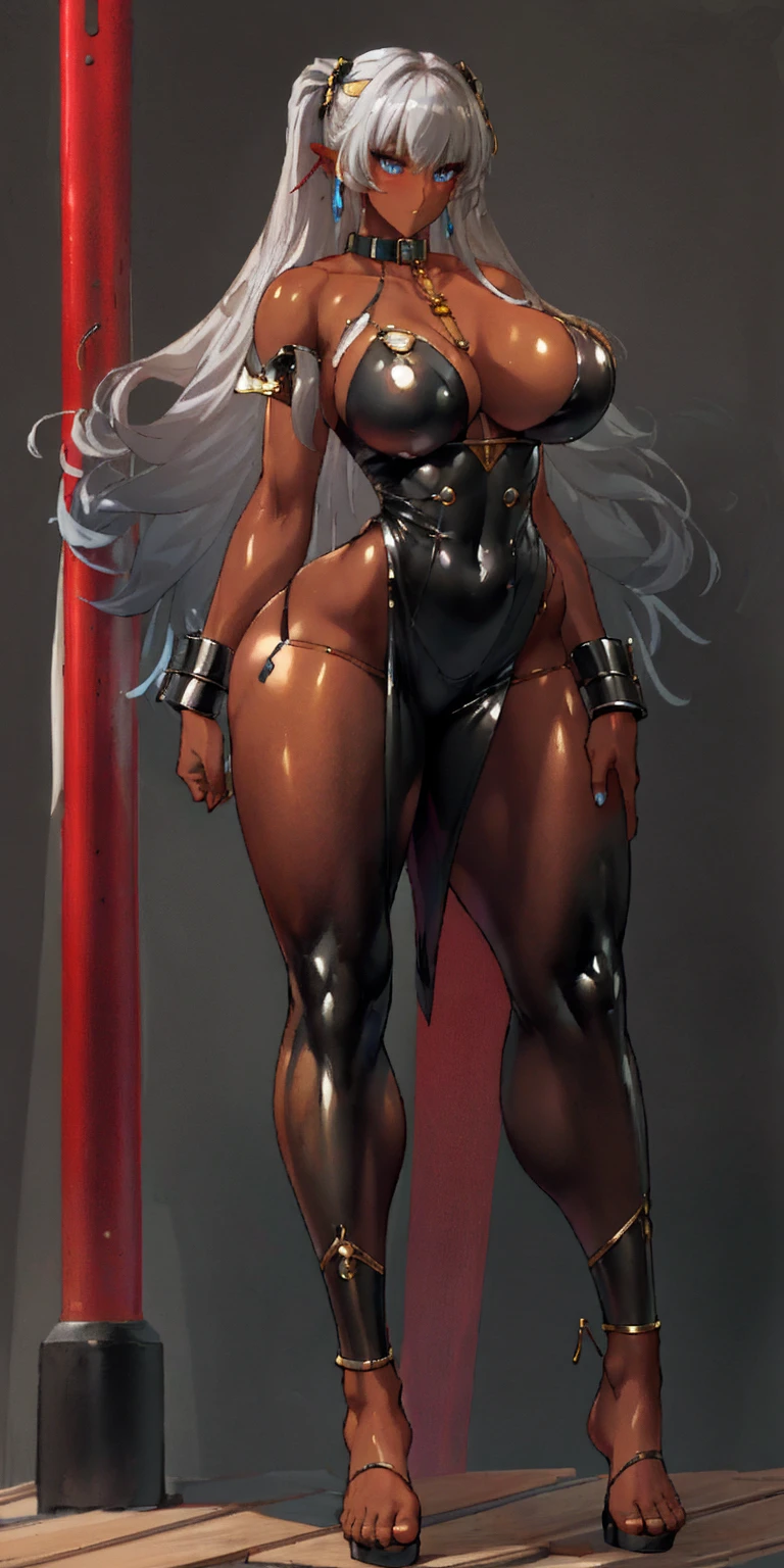 (Masterpiece, best quality, intricate details, 1sologirl) iron collar, arms behind back, iron cuffs, shackles, leather collar choker neck bell, bound ((standing by wooden pole:1.2)) ((female Black Dark skin Gyaru)) show entire body frontal position, feet in view, realistic, gorgeous 16y.o. darkest skinned mixed race female, black African, transparent black pantyhose, legs open, museum,barefoot no shoes, looking to viewer straight symmetrical, white silver long hair