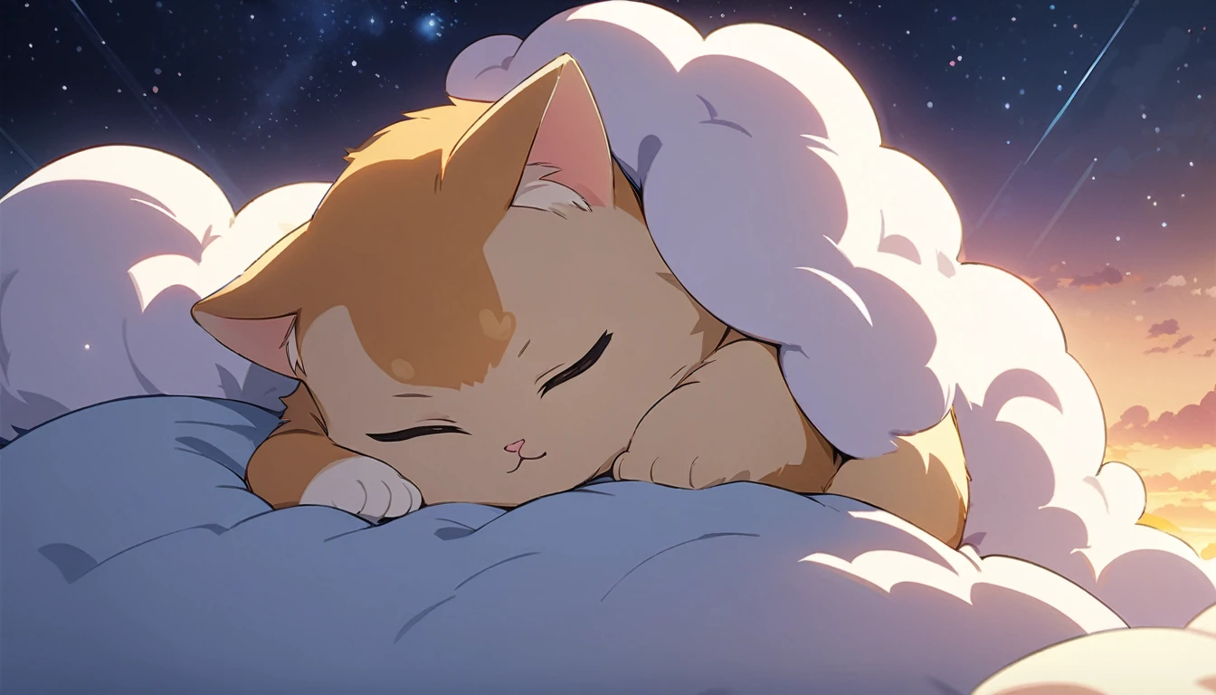 Cute cat sleeping on a cloud,masterpiece,Highest quality,Detailed details,The background is the night sky,anime