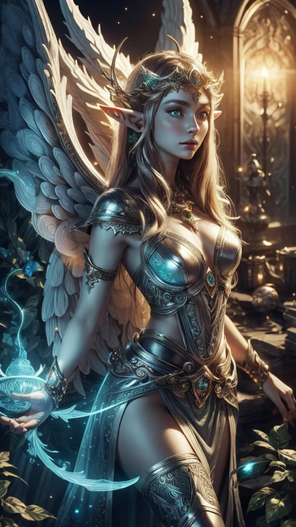 (Best quality, 4k, High-resolution, Masterpiece:1.2), Ultra-detailed, Realistic, Radiant lighting, (An Epoch Elves, angel:1.5), Portraits, Fantastical colors, Fine art, Ethereal beings, Dreamlike, Whimsical creatures, Detailed facial features, Glowing eyes, Elven beauties, Ethereal glow, Mythical creatures, Harmonious composition, Dazzling colors, Stunning visual effects, Otherworldly appearance, Mesmerizing artistry, full-body shot.