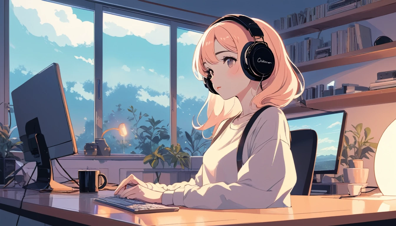Sexy woman wearing headphones、Computer and mug on the desk, Wide-angle lens, Lofi Anime, Lofi illustration, Aesthetic atmosphere, Lo-Fi Style, Vector art, Flat Design, Simple shape, Warm tones, Pleasant atmosphere, Chill, In anime style, Digital drawing, Vector art, Vector logo for t-shirt printing, (Adorable:1.5), (small:1.4), (Playful:1.2), (soft:1.3), (Whimsical:1.1), masterpiece, Highest quality, 8K, Intricate details, grow, Celestial, Mysterious, Picturesque, amazing, Majestic, Magic, Fantasy art, Cover art, dream-like