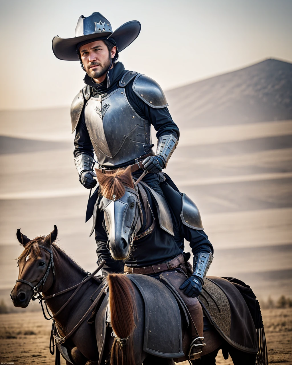 Make me a Midivil knight with an AK-47 and have me wearing a Cowboy hat helmet 