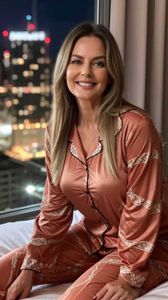 mature woman in, 60 years old, Alone, Long hair, Looking at the viewer, GrayBlonde hair, Brown eyes, Jewelry, Full body, (wearing elegant patterned red heart Pajamas), Distant photo, Realistic, A sexy one, beautiful colour, Perfect skin, 3 bust size, instagram (Realistic, A high resolution),photo size 3:4, 1 cute sexy mature woman, large expressive blue eyes, happy, (8K, raw photo, Best quality, High detail, She sitting on bed, she sat in the bed, curvy body, she smile with Extraordinary Pleasure expression, big windows city night views background