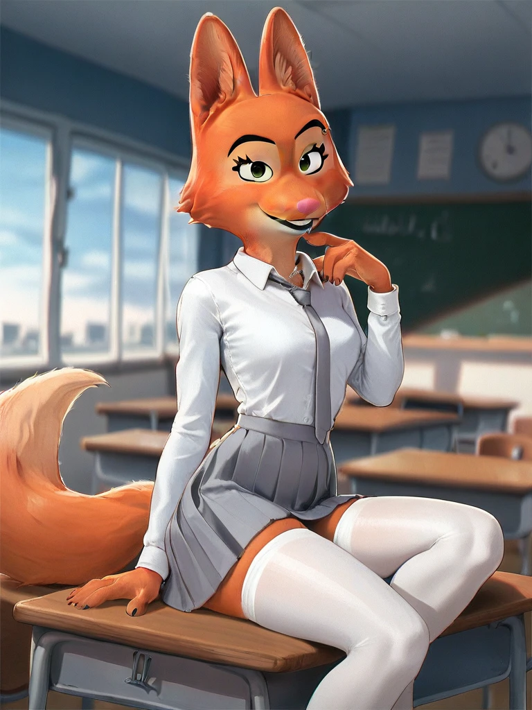 Solo, Female, Diane_Foxington, ginger fur, emerald eyes, black lipstick, black eyebrows, silver piercings on eyebrow, fox tail, (Wearing white button shirt, Grey skirt, White tights, Grey tie, {School uniform}), smirk, looking at viewer, (Detailed background), School classroom, Sitting down on desk, (Night sky)