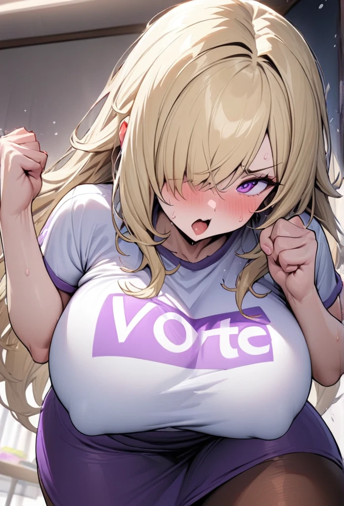 ((Best Quality)), ((Masterpiece)), (detailed), 1 girl, Pastel yellow hair, long hair, hair covers one eye, purple eyes, big breasts, big thighs, , white vote t-shirt, purple skirt, brown pantyhose, pouting, expwctativa arrives, clenching fists, throwing a tantrum, at home