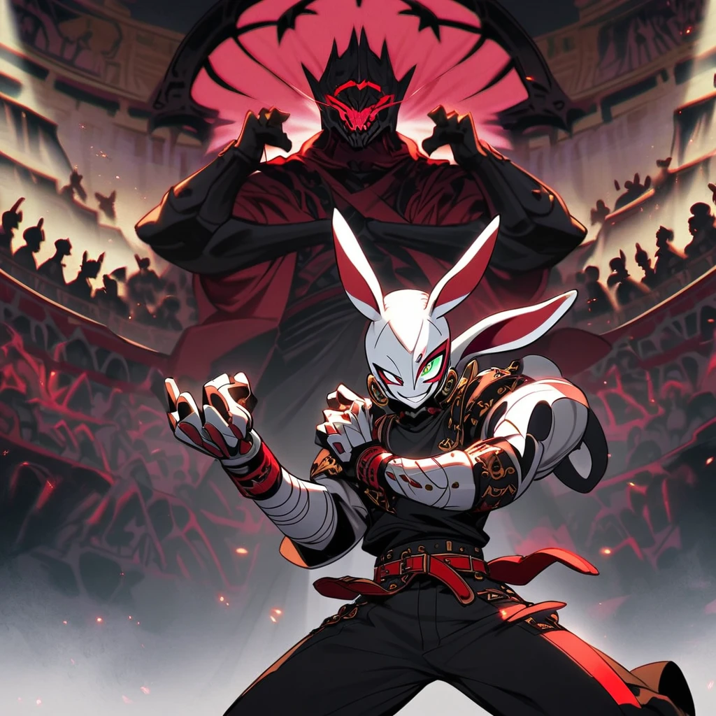 (well done: 1) humanoid white rabbit, gold earrings in the rabbit ears, dark pink left eye, light green right eye, black tank top, bands on the hands up to the forearms, black pants with a red belt on the waist, red sneakers with black details. in a battle pose with a defiant smile on his face in a coliseum.