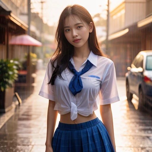 there is a woman with gigantic breast in a standing In the rain, Wet shirt, see through, black underwear, pretty girl standing In the rain, หลังrainและไม่มีสาวๆ, rain, young woman wearing uniform, In the rain, Thai girl, rain award winning photo, school girl, หลังrain, rain!, ในตอนเย็นระหว่างrain, Wet from the rain, rainเปียก, rain portrait, Beautiful and smiling, Masterpiece, best quality:1.2),,(8K,height,raw image,realistic,photo-realistic:1.3),(Fine texture,Fine fabric,Beautifully detailed face:1.25),professional lighting,Photon mapping,beautiful soft light,Radiation,Physical rendering,Ray tracing, Modeling style, Modeling style, (วอลล์เปเปอร์ CG unity 8K ที่มีรายละเอียดมาก), Full-length photos of the most beautiful works of art in the world,