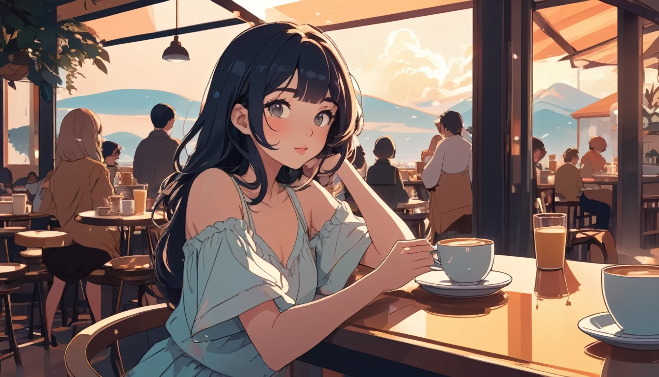 Sexy woman in a cafe、, Wide-angle lens, Lofi Anime, Lofi illustration, Aesthetic atmosphere, Lo-Fi Style, Vector art, Flat Design, Simple shape, Warm tones, Pleasant atmosphere, Chill, In anime style, Digital drawing, Vector art, Vector logo for t-shirt printing, (Adorable:1.5), (small:1.4), (Playful:1.2), (soft:1.3), (Whimsical:1.1), masterpiece, Highest quality, 8K, Intricate details, grow, Celestial, Mysterious, Picturesque, amazing, Majestic, Magic, Fantasy art, Cover art, dream-like