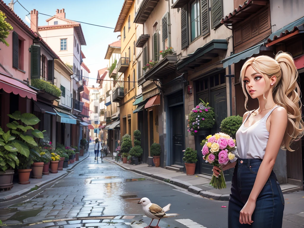 a beautiful girl on a marble paradise the background  on a city street with birds and plants 