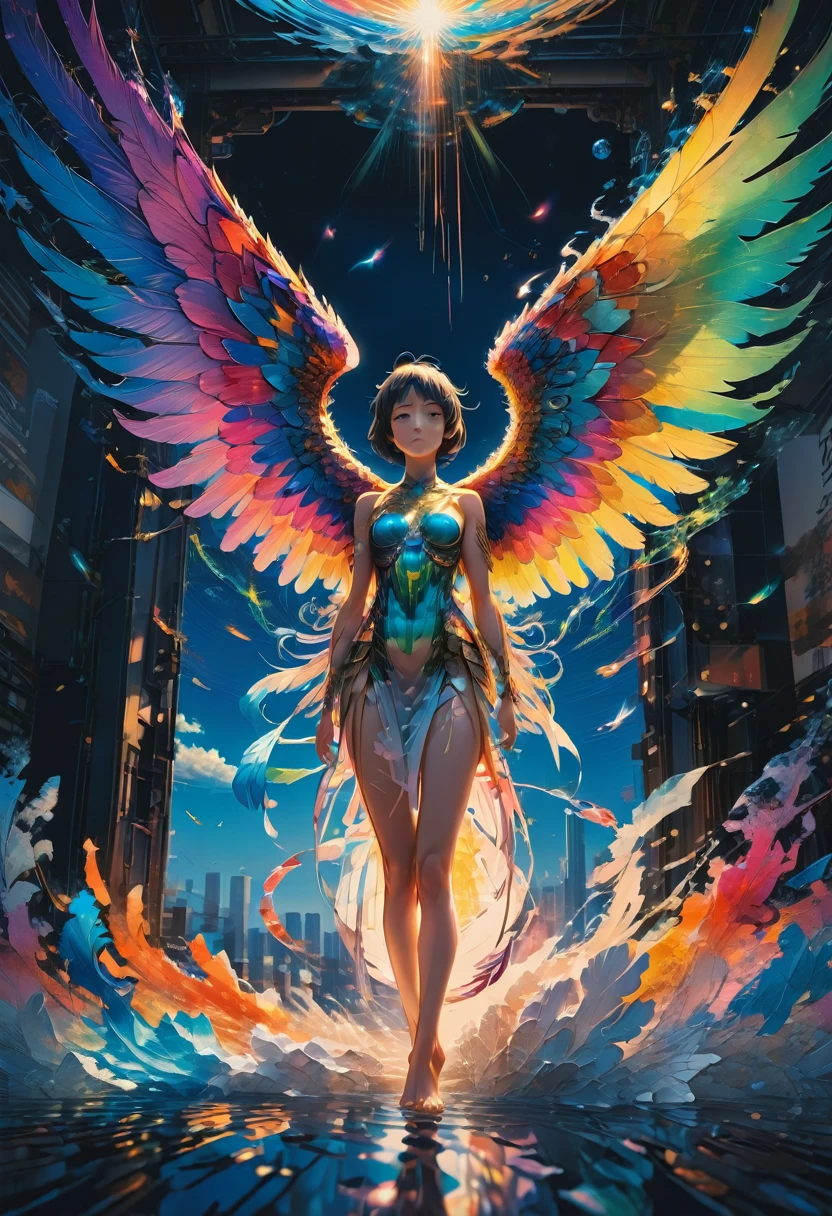 angel, wings, full body, by Makoto Shinkai and Makoto Niitsu, best quality, masterpiece, very aesthetic, perfect composition, intricate details, ultra-detailed, vibrant colors