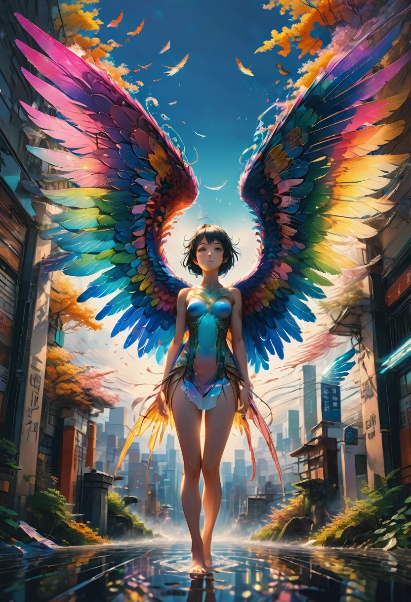 angel, wings, full body, by Makoto Shinkai and Makoto Niitsu, best quality, masterpiece, very aesthetic, perfect composition, intricate details, ultra-detailed, vibrant colors