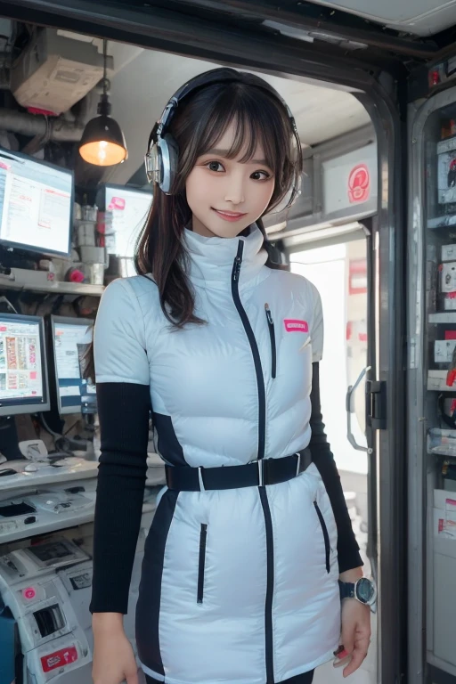 masterpiece, Highest quality, Very detailed, 8K Portrait,Japanese Android Girl,plump , Control panel,Robotic arms and legs, Blunt bangs,,break (Metallic Gray, Metallic luster, Mirror finish, Astro Best):5,headphone:5,break (Black sleeves):100,Smart Watches,Futuristic space station,Control Room,break headphone,blue eyes,(Black Hair):2,(Long Hair):1.3,Displaying the viewer,(respirator),break blush:3,Hidden Hand,smile