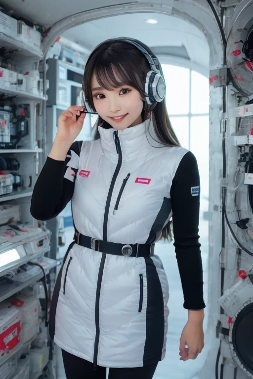 masterpiece, Highest quality, Very detailed, 8K Portrait,Japanese Android Girl,plump , Control panel,Robotic arms and legs, Blunt bangs,,break (Metallic Gray, Metallic luster, Mirror finish, Astro Best):5,headphone:5,break (Black sleeves):100,Smart Watches,Futuristic space station,Control Room,break headphone,blue eyes,(Black Hair):2,(Long Hair):1.3,Displaying the viewer,(respirator),break blush:3,Hidden Hand,smile