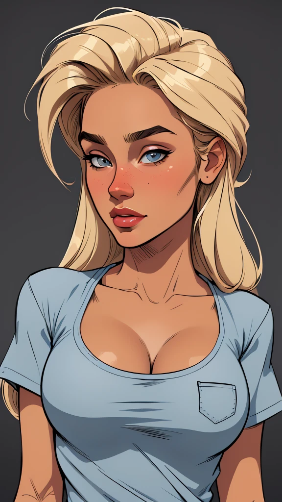 Character style Cartoon style digital illustration Flat colors, close up, Portrait of a 25 year old surfer girl, tan skin, beach blonde salty hair, natural beaty, beautiful, casual, pocket Tee shirt, Cleavage, (([Dark Grey Background]))