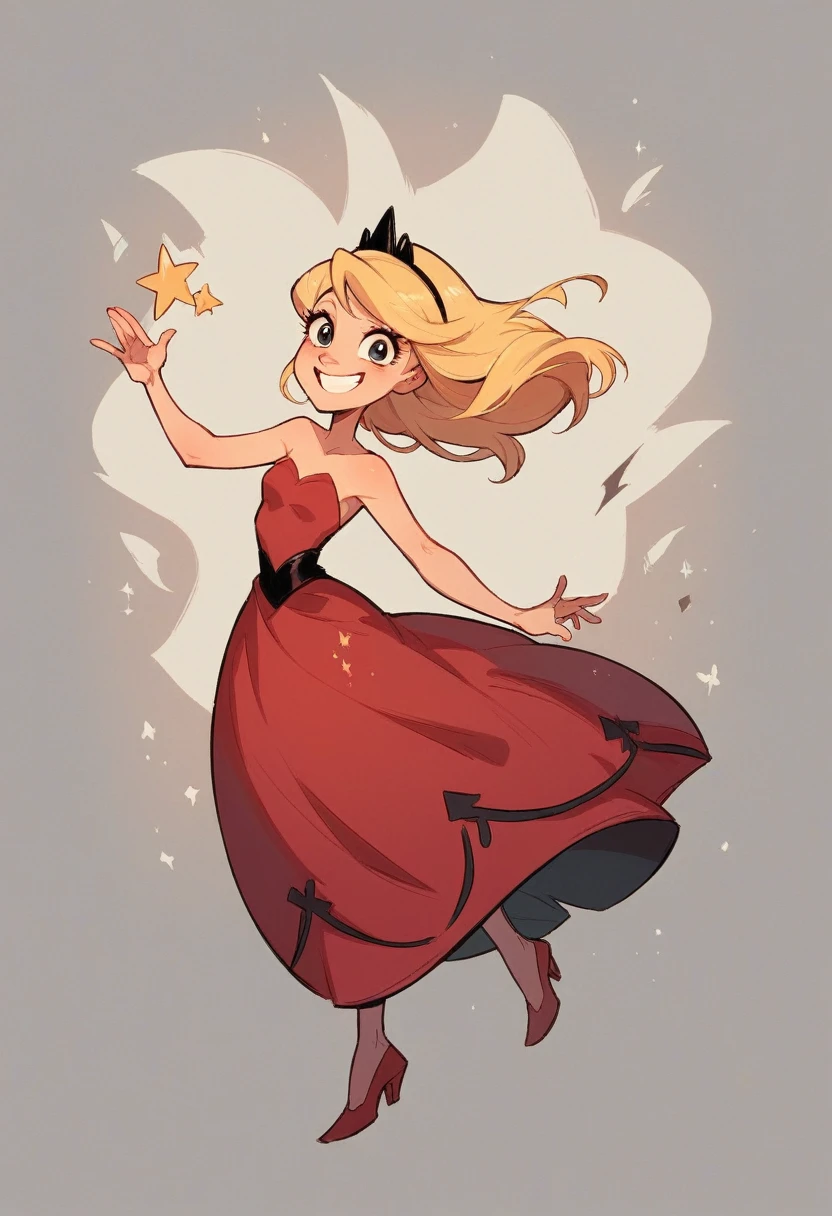 A princess medium blonde hair with black mixed blonde and black highlights smiling type Disney princess red dress