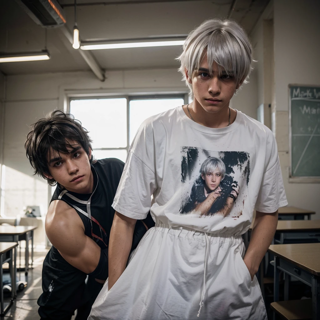 masterpice, best quality, 2 boy,  not looking at viewer, dog ears, messy hair, bangs, medium hair, upper half body, background of a classroom, soft dramatic lights, colored lights, platinum white hair, cute boys, teenager, horror, blood, crime 