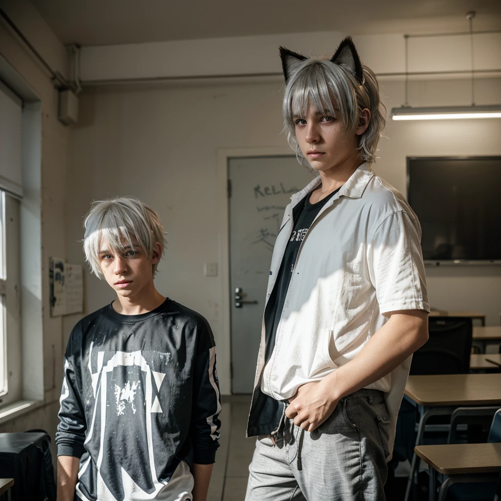 masterpice, best quality, 2 boy, not looking at viewer, dog ears, messy hair, bangs, medium hair, upper half body, background of a classroom, soft dramatic lights, colored lights, platinum white hair, cute boys, ager, horror, blood, crime