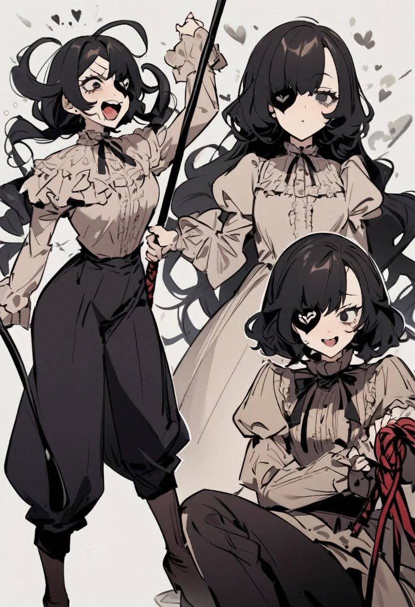 a girl with short black hair, and black eyes evil and crazy, with a heart eye patch, She is dressed in a Victorian-era shirt and dark pants. , and that your environment is dark and gloomy nature, laughing while holding a whip, His appearance is authoritarian and twisted
