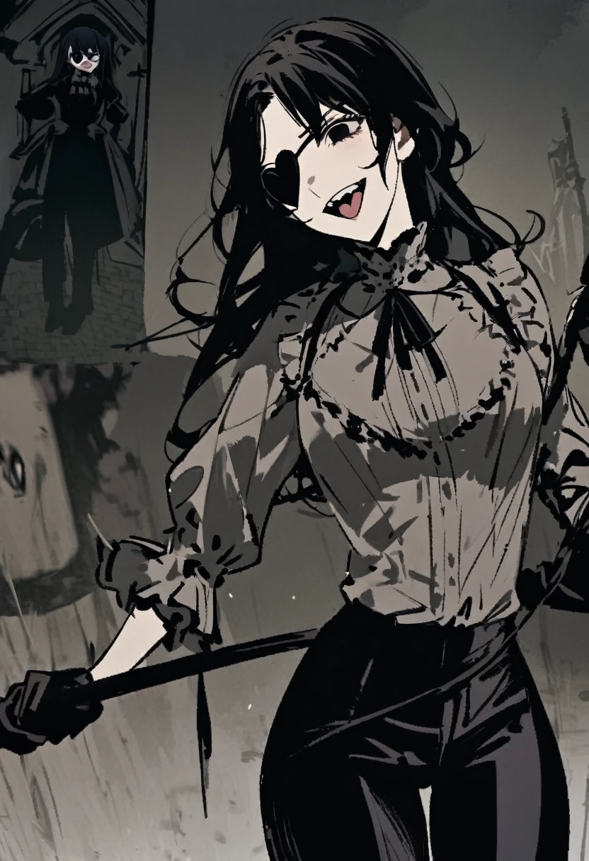 a girl with short black hair, and black eyes evil and crazy, with a heart eye patch, She is dressed in a Victorian-era shirt and dark pants. , and that your environment is dark and gloomy nature, laughing while holding a whip, His appearance is authoritarian and twisted