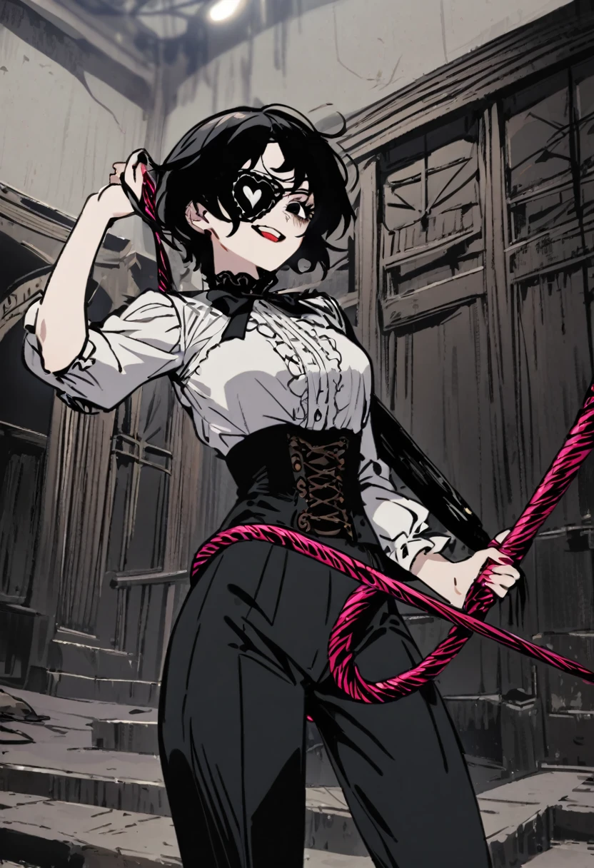 a girl with short black hair, and black eyes evil and crazy, with a heart eye patch, She is dressed in a Victorian-era shirt and dark pants. , and that your environment is dark and gloomy nature, laughing while holding a whip, His appearance is authoritarian and twisted