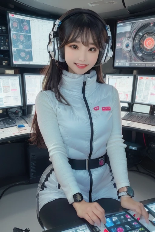 masterpiece, Highest quality, Very detailed, 8K Portrait,Japanese Android Girl,plump , Control panel,Robotic arms and legs, Blunt bangs,,break (Metallic Gray, Metallic luster, Mirror finish, Astro Best):5,headphone:5,break (Black sleeves):100,Smart Watches,Futuristic space station,Control Room,break headphone,blue eyes,(Black Hair):2,(Long Hair):1.3,Displaying the viewer,(respirator),break blush:3,Hidden Hand,smile